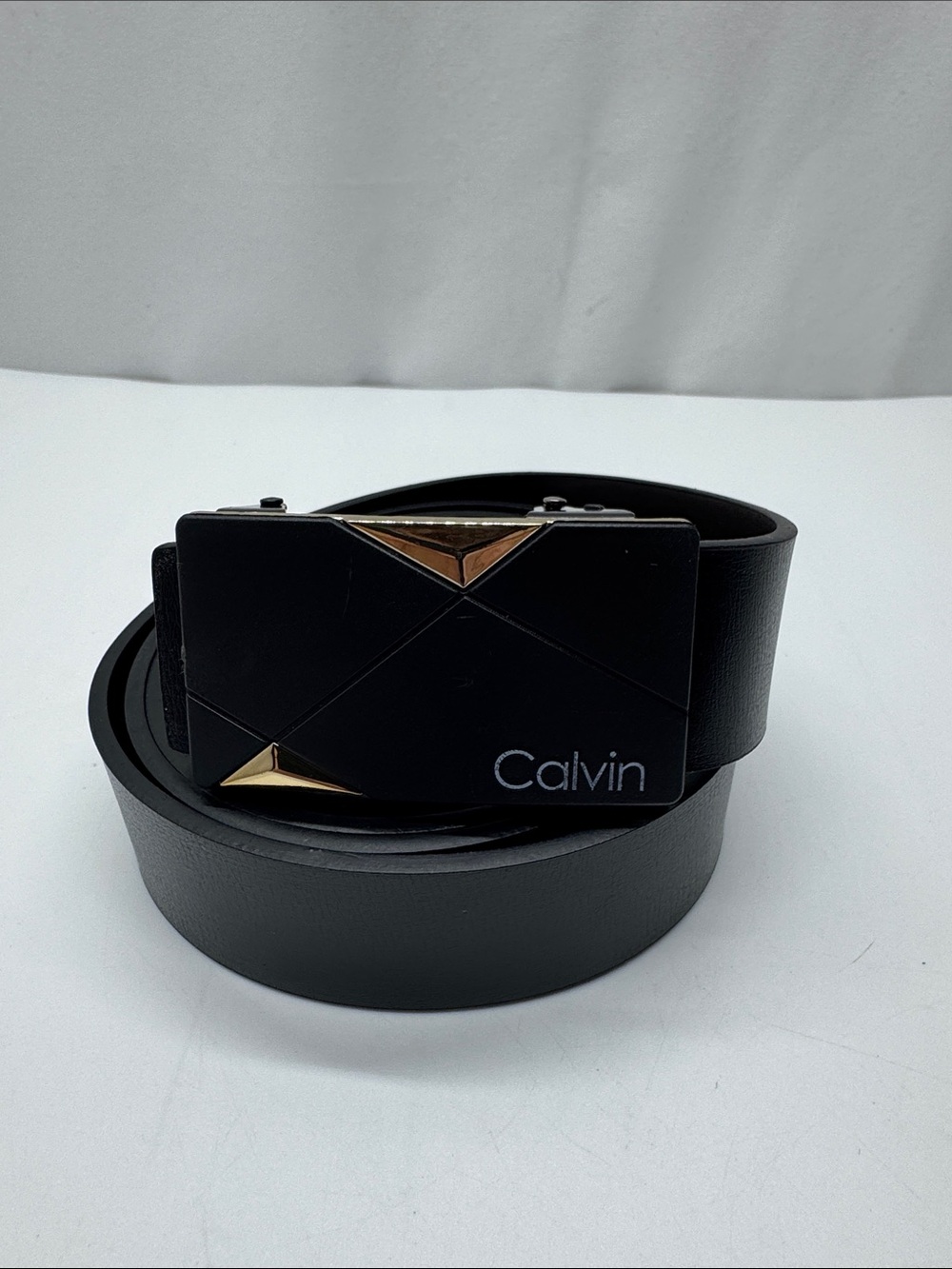 Calvin Black Men’s Leather Ratchet Belt with Gold Accent Buckle #0109